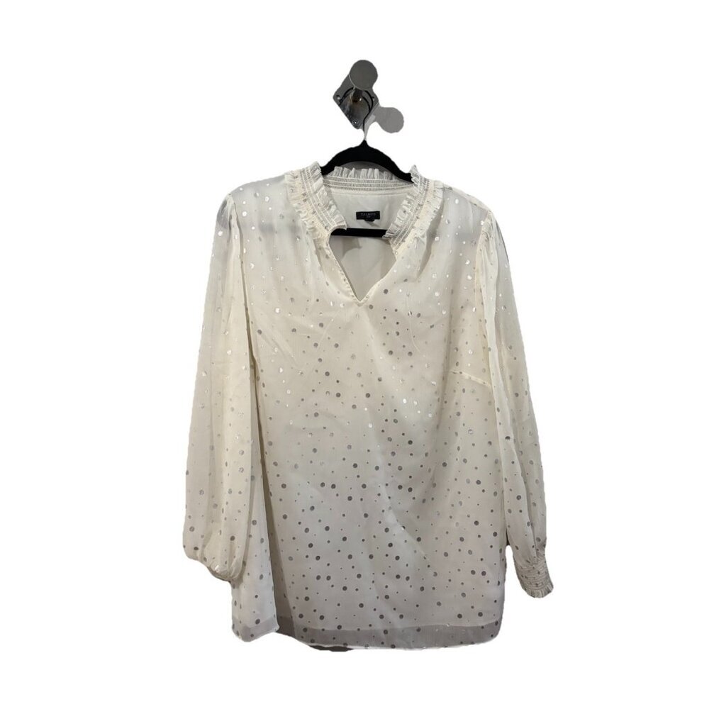 Talbots Smocked Blouse Metalic Dots Cream Long Sleeve Size 1X